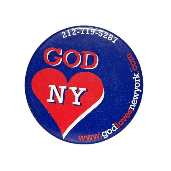 Vintage God Loves NY Pin Pinback Round VTG 80's - Picture 1 of 5